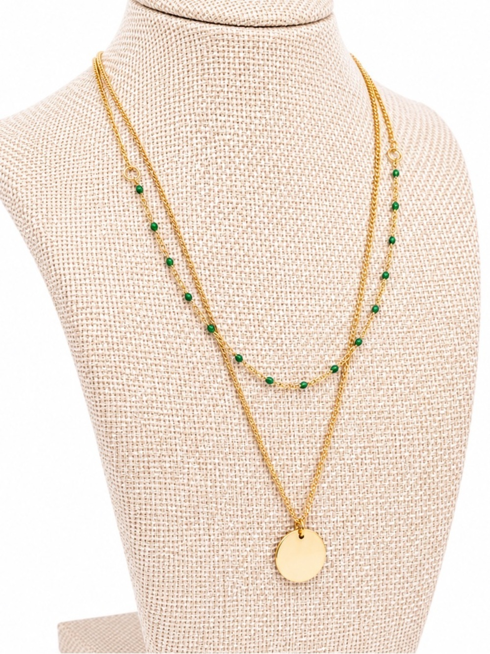 Gold Layered Green Beaded Coin Pendant Necklace Minimalist Boho Adjustable - Picture 4 of 6